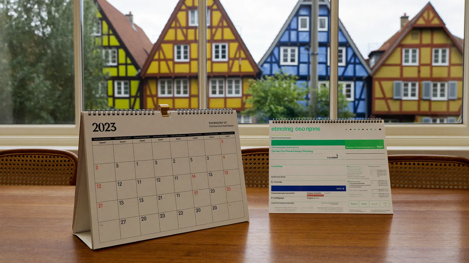 Calendrier 2026 posé près d'un rapport de DPE devant une maison à colombages de Colmar